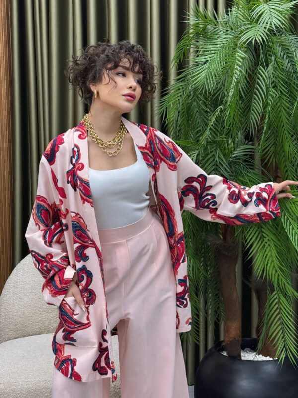 Kadın Çiçekli Rahat Kalıp Yazlık Kimono Bol Paça Pantolonlu Takım-Pembe