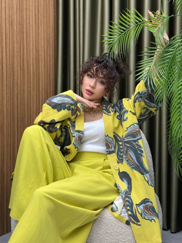 Kadın Çiçekli Rahat Kalıp Yazlık Kimono Bol Paça Pantolonlu Takım-Sarı