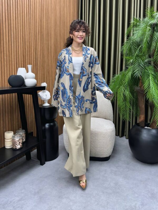 Kadın Çiçekli Rahat Kalıp Yazlık Kimono Pantolon Takım – Krem Mavi